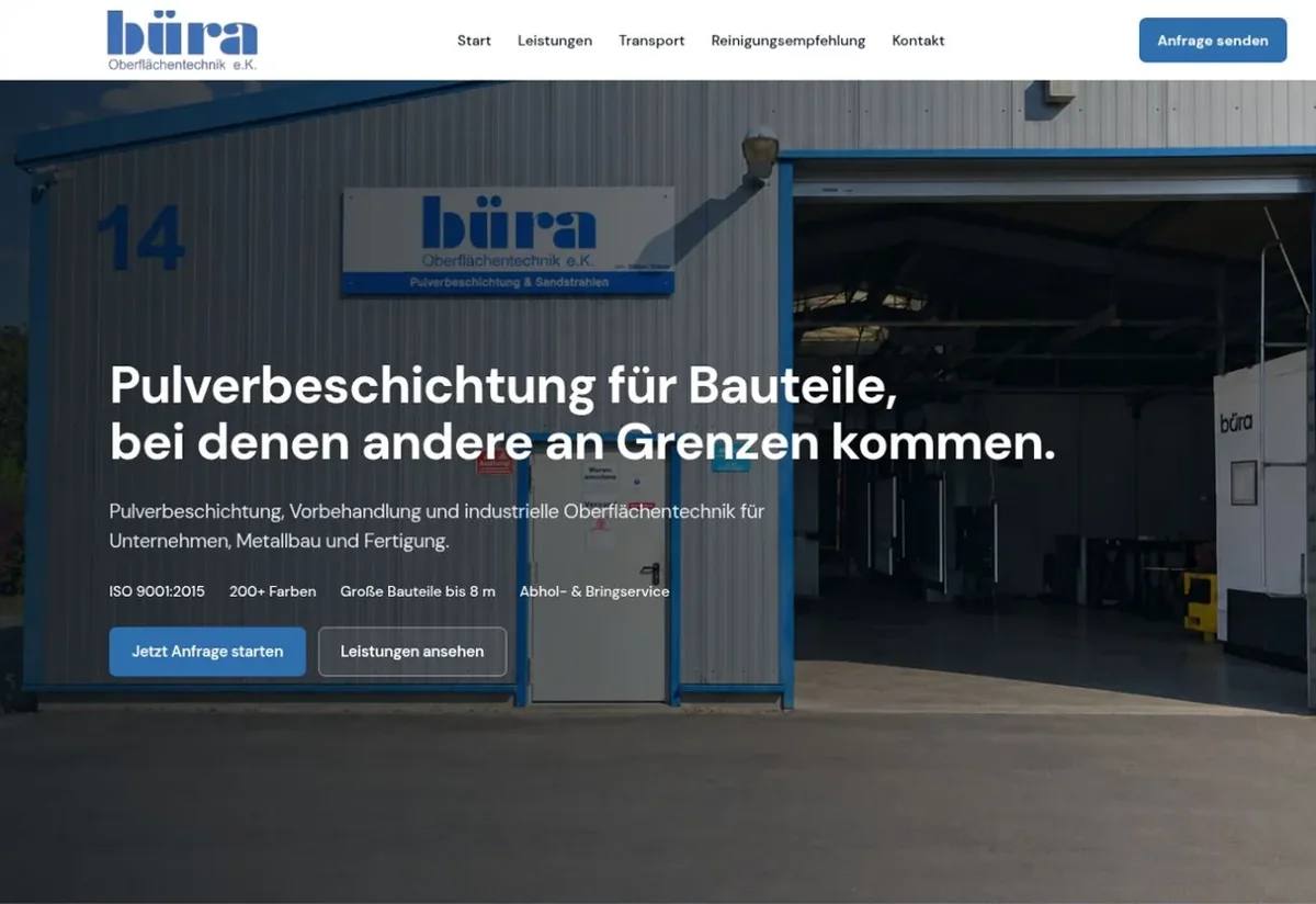 Die von mir gestaltete Website von büra Oberflächentechnik mit eigener Halle, Leistungen und direkter Anfrage